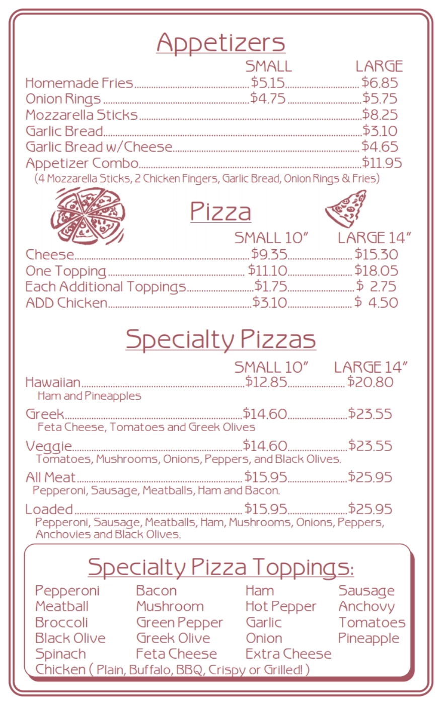 Menu | George's Pizza | Auburn, ME | Pizza, Grinders, Pasta, Chicken ...